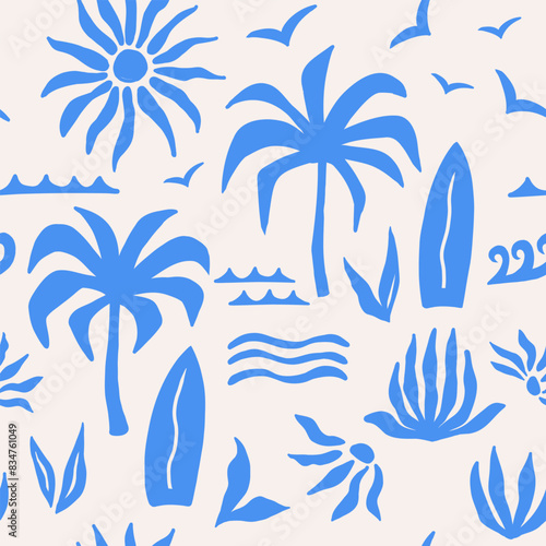Abstract tropical seamless pattern with palm leaves, surfboard and sun. Hand drawn minimal art background. Surface cover design. Fabric textile print.