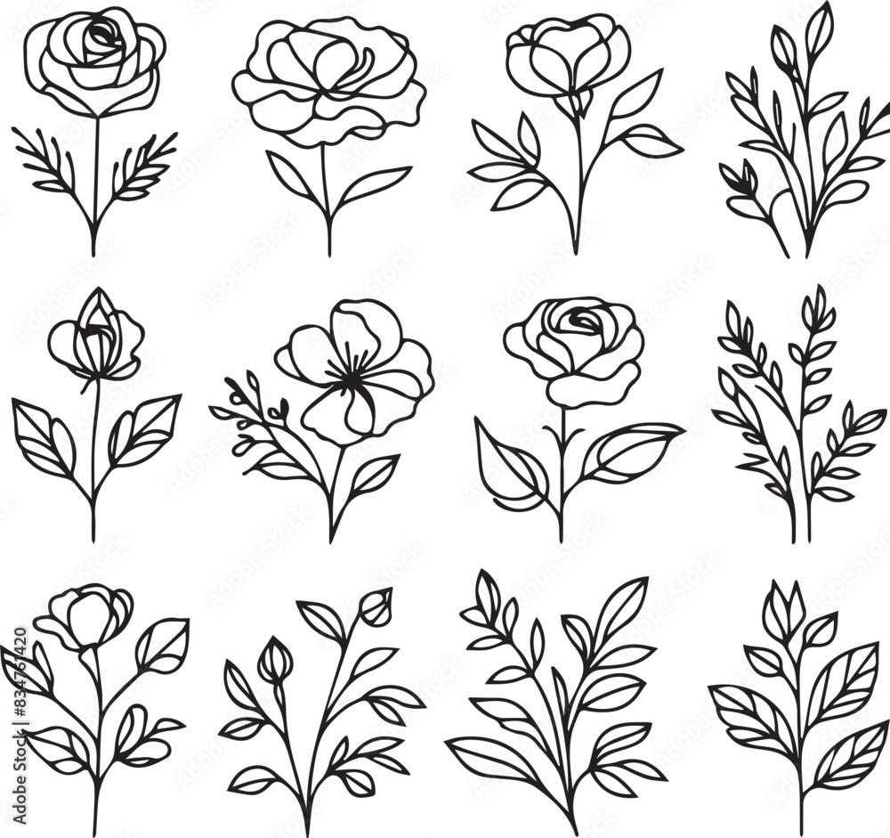 A single-line illustration capturing the elegant silhouette of a blooming rose, adorned with delicate leaves, presented against a white backdrop A single-line illustration capturing the elegant silhouette of a blooming rose, adorned with delicate leaves, presented against a white backdrop