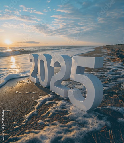 Happy New Year 2025, 2025 numbers on the beach, generative ai art