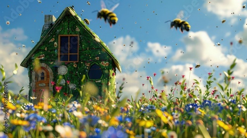A close-up of a tiny eco-friendly house made of recycled materials  sitting in a field of wildflowers  with bees buzzing around  representing an environmentally conscious living.