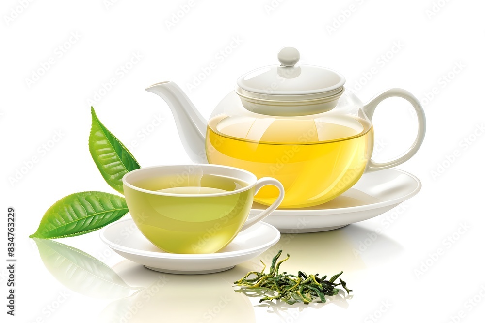 Photo of Green Tea Teapot and Cup on White Background Photo of Green Tea Teapot and Cup on White Background