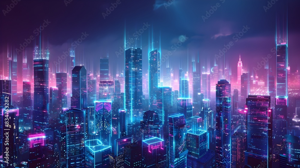 Dazzling Cityscape with Neon Lit Holographic Landmarks and Interactive Data Streams Dazzling Cityscape with Neon Lit Holographic Landmarks and Interactive Data Streams