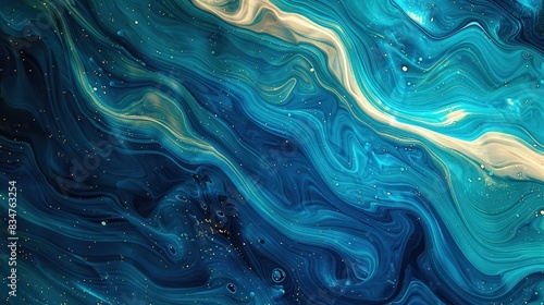 A close-up of flow art depicting deep ocean blue starting at the bottom left and transforming into a turquoise blue at the top right, highlighted by occasional flecks of sandy beige. photo