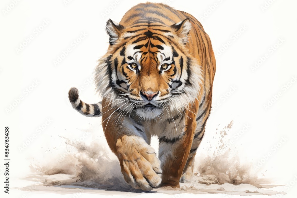Obraz premium A striking tiger in midstride, emphasizing strength and wild beauty, in watercolor style.
