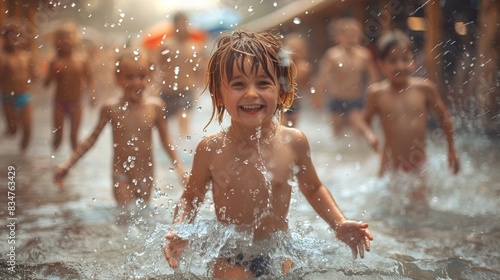Kids splashing in a water park or pool, having a great time. 