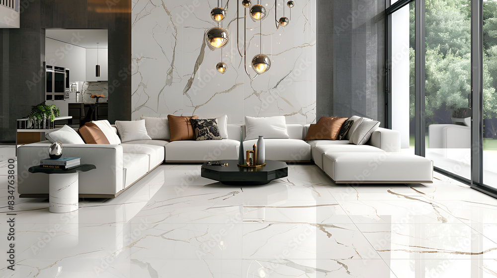 Fototapeta premium The living room with a marble theme looks clean and comfortable decor inspiration ideas,Close up Marble tiles, subway tile Carrara marble wall background generated,Modern interior design of living