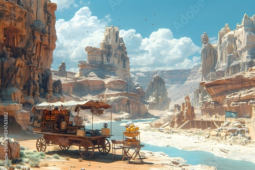 A cinematic scene of a desert oasis with a hidden ice cream cart  serving up delicious scoops to weary travelers