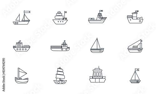 Outline Icons of Various Ships and Boats