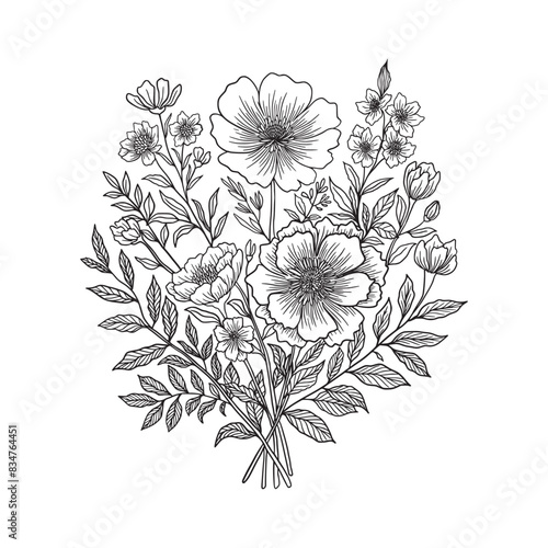 Wildlower bouquet vector. Wildflower line art bouquets. Hand drawn flower. wild plant, botanical vector illustration