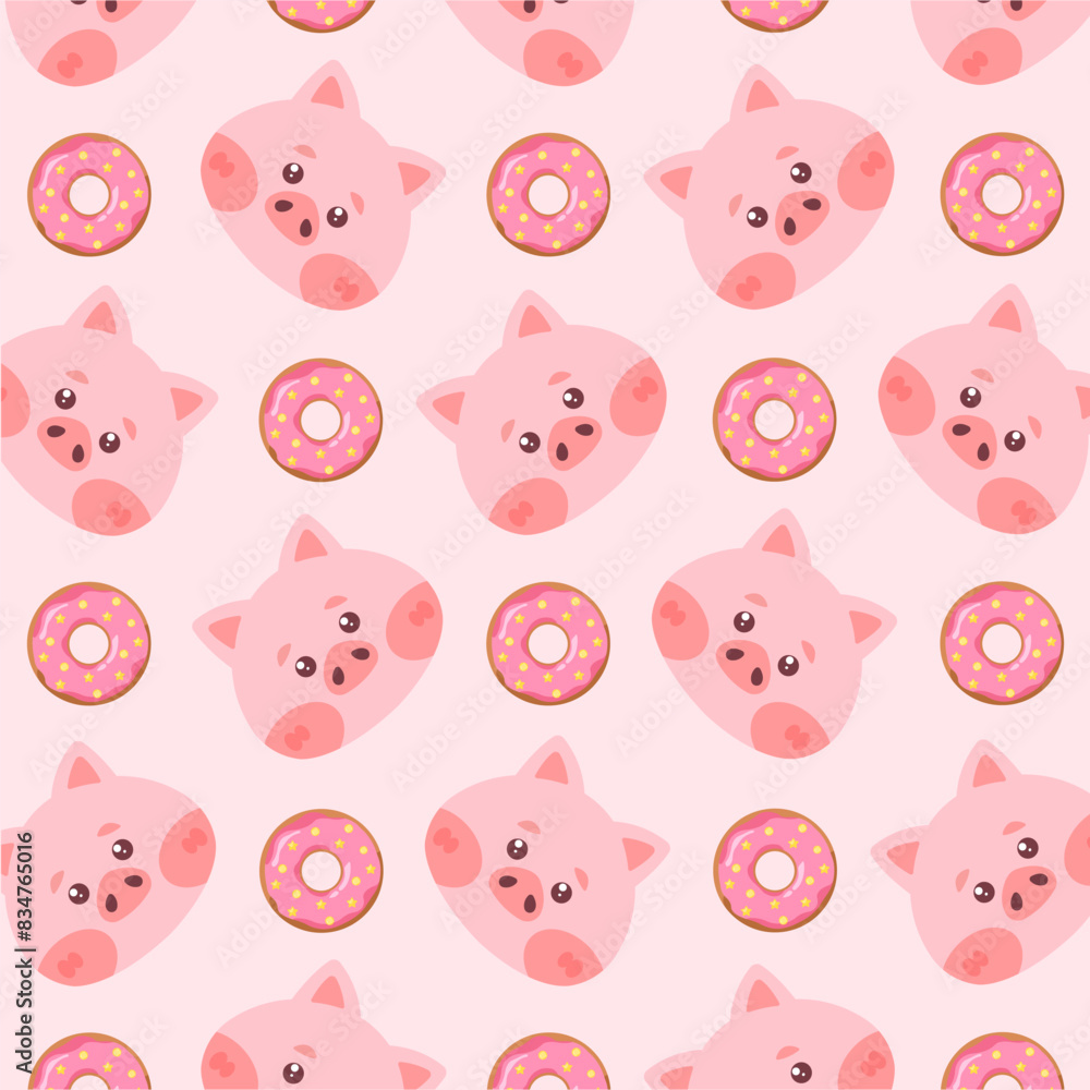 Cute Pigs Head Pattern, Donuts Pattern, Vector Illustration. Cartoon character design. background. vector illustration, animal cartoon pattern. Cute Pigs Head Pattern, Donuts Pattern, Vector Illustration. Cartoon character design. background. vector illustration, animal cartoon pattern.