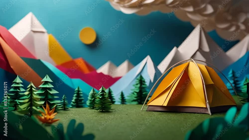 Tourist tent, mountains background, paper style vacation Tourist tent, mountains background, paper style vacation
