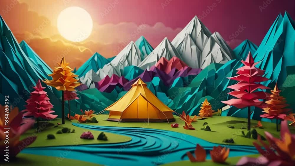 Tourist tent, mountains background, paper style vacation Tourist tent, mountains background, paper style vacation