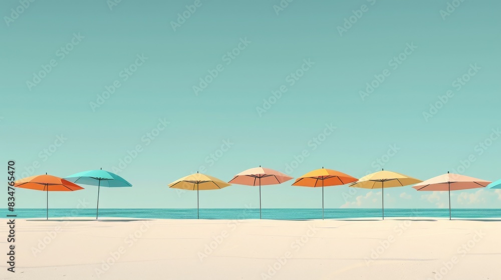 Colorful beach umbrellas lined up on a sandy shore with a clear blue sky and calm ocean in the background. Perfect summer vacation scene. Colorful beach umbrellas lined up on a sandy shore with a clear blue sky and calm ocean in the background. Perfect summer vacation scene.