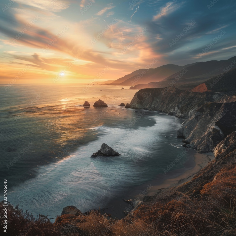 Fototapeta premium Dramatic Coastal Sunset Over Rugged California Coastline Perfect for Posters, Travel Brochures, and Websites
