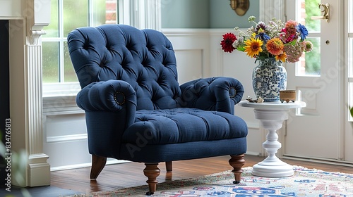 A navy blue accent chair with a tufted backrest and wooden legs, positioned beside a white side table holding a colorful vase of fresh flowers.