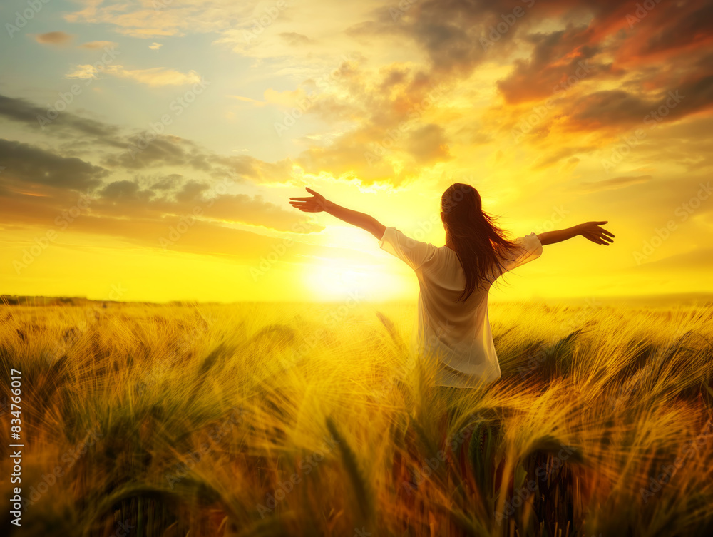 Person with outstretched arms in a wheat field at sunset, evoking freedom and happiness, against a vivid sky background. Generative AI Person with outstretched arms in a wheat field at sunset, evoking freedom and happiness, against a vivid sky background. Generative AI