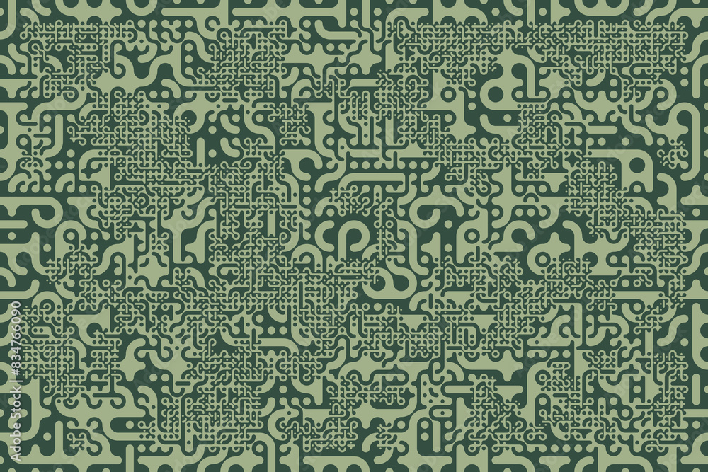 Fototapeta premium Seamless green spotted pattern with circles and lines. Maze like background. Truchet pattern. Modern design illustration