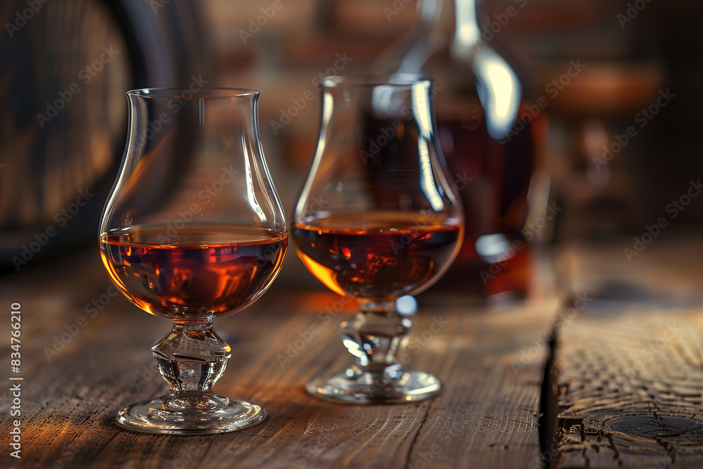 two glasses of brandy, whisky on wooden table with bottle in background, with empty copy space
two glasses of brandy, whisky on wooden table with bottle in background, with empty copy space