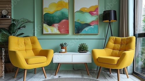 A pair of bright yellow armchairs with wooden legs flank a white console table. The pastel green wall behind enhances the calm ambiance. The table is adorned with colorful art, succulents, and a photo