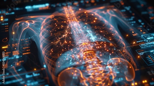 A clean and clear medical x-ray HUD hologram showing a detailed view of the human chest cavity. The minimalistic design uses simple, uncluttered graphics and a cool color palette to convey photo