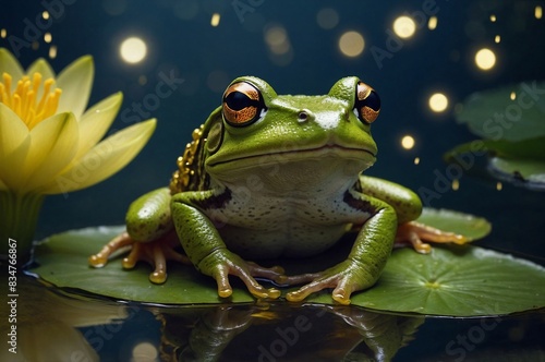 An image of a frog on a lily pad in the lake