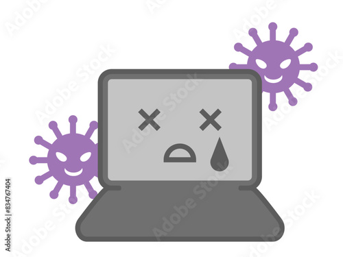 コンピュータウイルスに感染したノートパソコンのイラスト