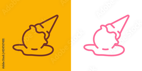 Logo ice cream. Grupo de silueta con líneas de bola de helado en cono de waffle sabores fresa y chocolate cayendo y derritiéndose