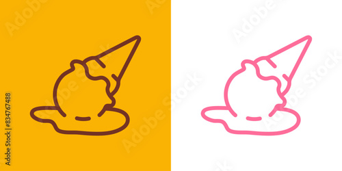 Logo ice cream. Grupo de silueta con líneas de bola de helado en cono de waffle sabores fresa y chocolate cayendo y derritiéndose