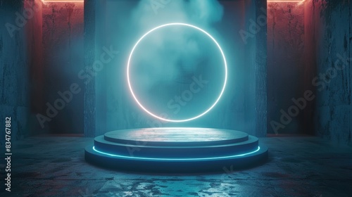 Futuristic Circle Light Portal in Moody Sci-Fi Corridor