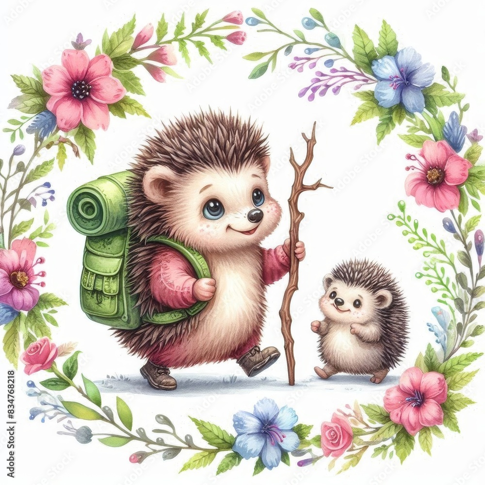 A cute cartoon of a little hedgehog with a backpack and a stick A cute cartoon of a little hedgehog with a backpack and a stick