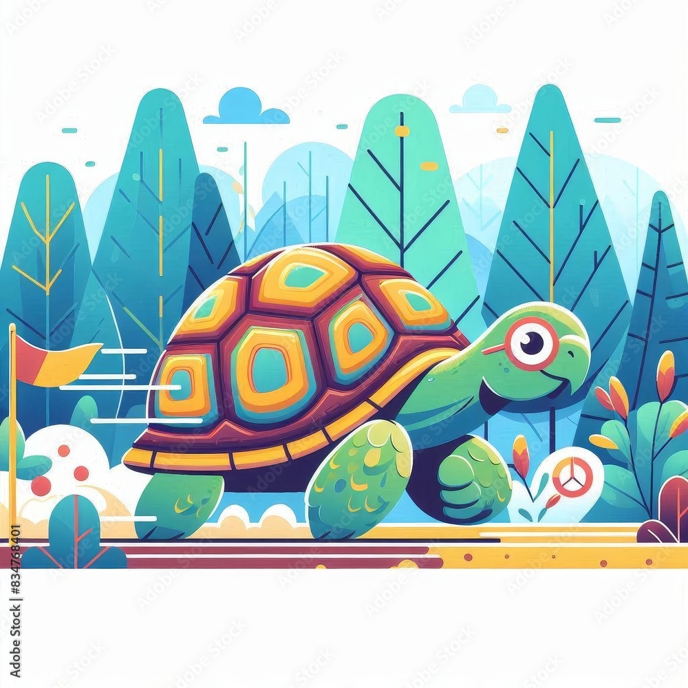 A cartoon turtle is running through a forest with a peace sign on the ground