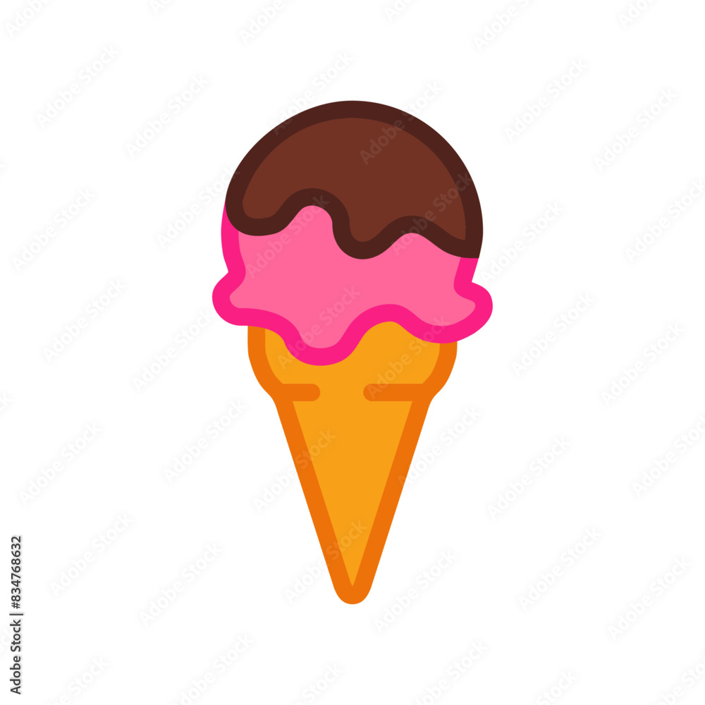 Logo ice cream. Cono de waffle con bola de helado de sabor fresa y cobertura de chocolate Logo ice cream. Cono de waffle con bola de helado de sabor fresa y cobertura de chocolate
