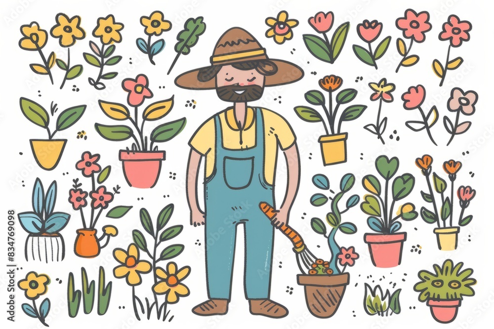 Cartoon cute doodles of a gardener tending to flowers and plants, Generative AI Cartoon cute doodles of a gardener tending to flowers and plants, Generative AI