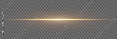 Golden line of light. Glowing glare, horizontal beam. On a transparent background.