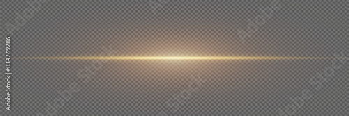 Golden line of light. Glowing glare, horizontal beam. On a transparent background.