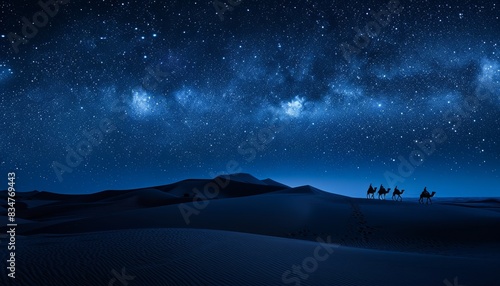 Huge sand dunes of the desert, camel caravans and starry night scenes, the Milky Way against a white desert background, 3D rendering creates a realistic style with fine textures and spectacular views  photo