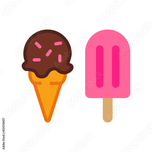 Logo ice cream y popsicle. Grupo de bola de helado en cono de waffle sabor chocolate y helado de paleta sabor fresa