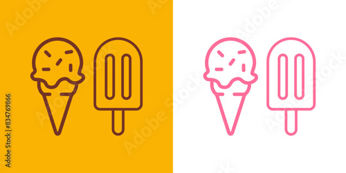 Logo ice cream y popsicle. Silueta con líneas de bola de helado en cono de waffle y helado de paleta sabores chocolate y fresa