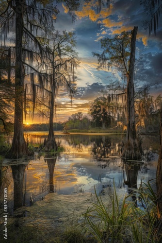 Fantasy Landscape in USA's Louisiana at Sunset  Stunning Reflection in Serene Swamp Scene for Nature Prints, Cards, Posters