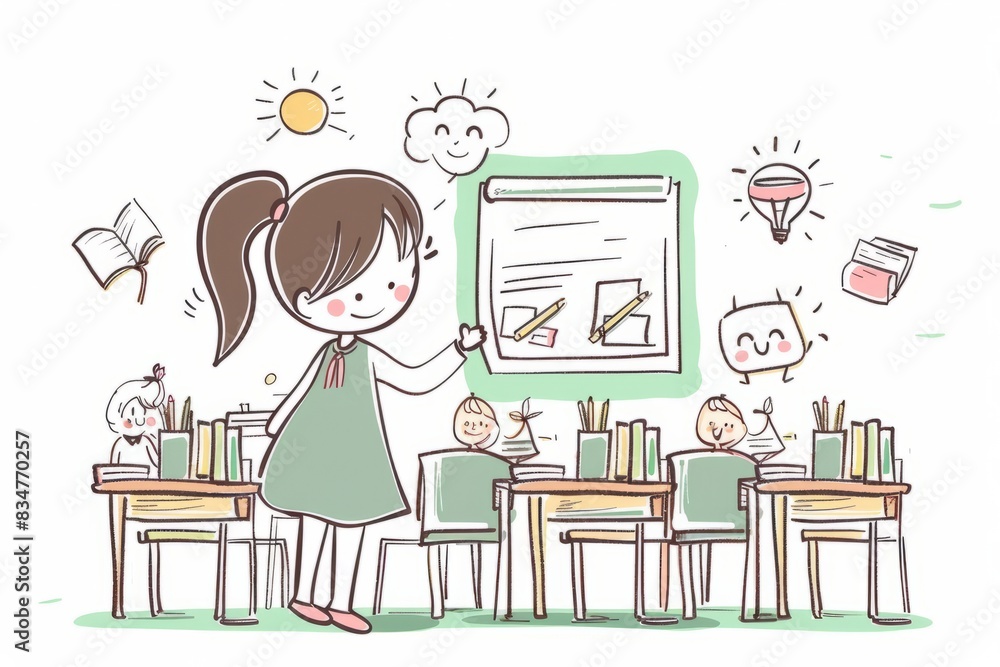 Cartoon cute doodles of a teacher leading a classroom lesson, Generative AI Cartoon cute doodles of a teacher leading a classroom lesson, Generative AI