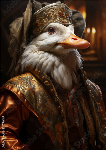 A majestic duck wearing a crown, immortalized in a stunning 