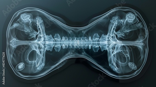 A detailed medical x-ray HUD hologram in a minimalistic style, displaying the human oviducts. The design is clean and clear, with a focus on transparency and a cool color palette for enhanced photo