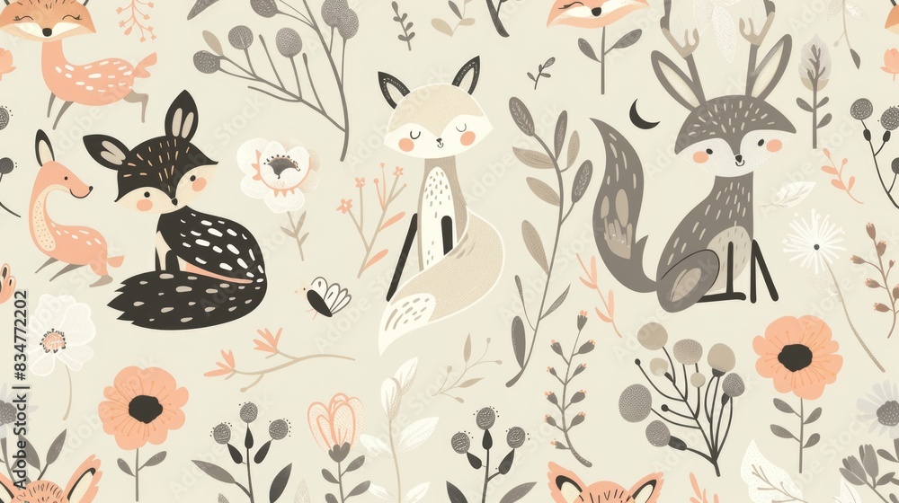 A sweet pattern of pastel cartoon woodland creatures, such as foxes, deer, and owls, surrounded by soft, floral elements A sweet pattern of pastel cartoon woodland creatures, such as foxes, deer, and owls, surrounded by soft, floral elements