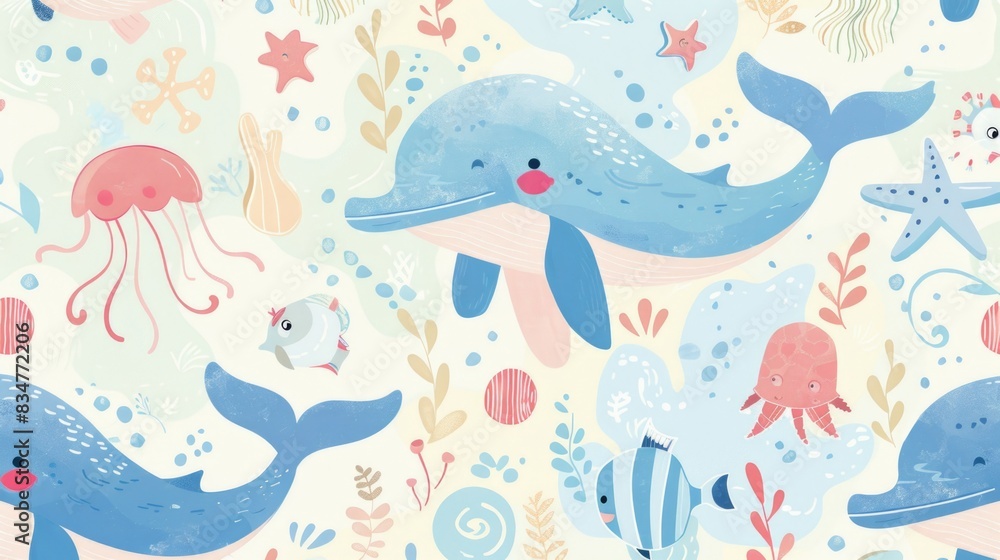 Obraz premium A delightful pattern of pastel cartoon sea creatures, like whales, starfish, and jellyfish, set against a soft, ocean-themed background