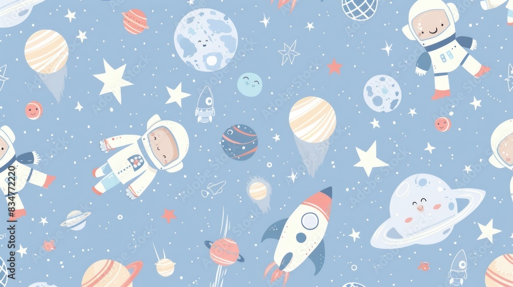 A lovely pattern of pastel cartoon space-themed characters, like astronauts, planets, and rockets, with a gentle and imaginative design A lovely pattern of pastel cartoon space-themed characters, like astronauts, planets, and rockets, with a gentle and imaginative design