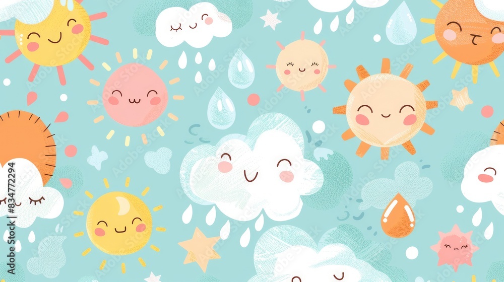 A heartwarming pattern of pastel cartoon clouds, suns, and raindrops, creating a soft and soothing weather-themed design A heartwarming pattern of pastel cartoon clouds, suns, and raindrops, creating a soft and soothing weather-themed design