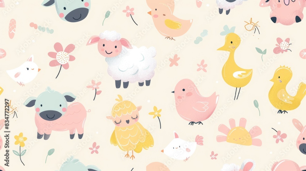 A charming pattern of pastel cartoon baby animals, like lambs, chicks, and piglets, perfect for nursery decor or baby clothing A charming pattern of pastel cartoon baby animals, like lambs, chicks, and piglets, perfect for nursery decor or baby clothing