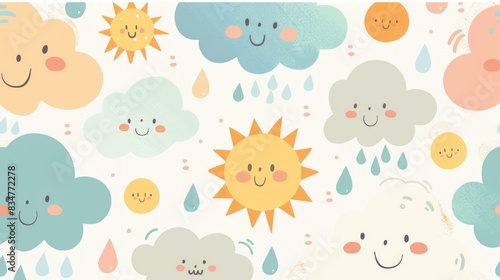 A heartwarming pattern of pastel cartoon clouds, suns, and raindrops, creating a soft and soothing weather-themed design