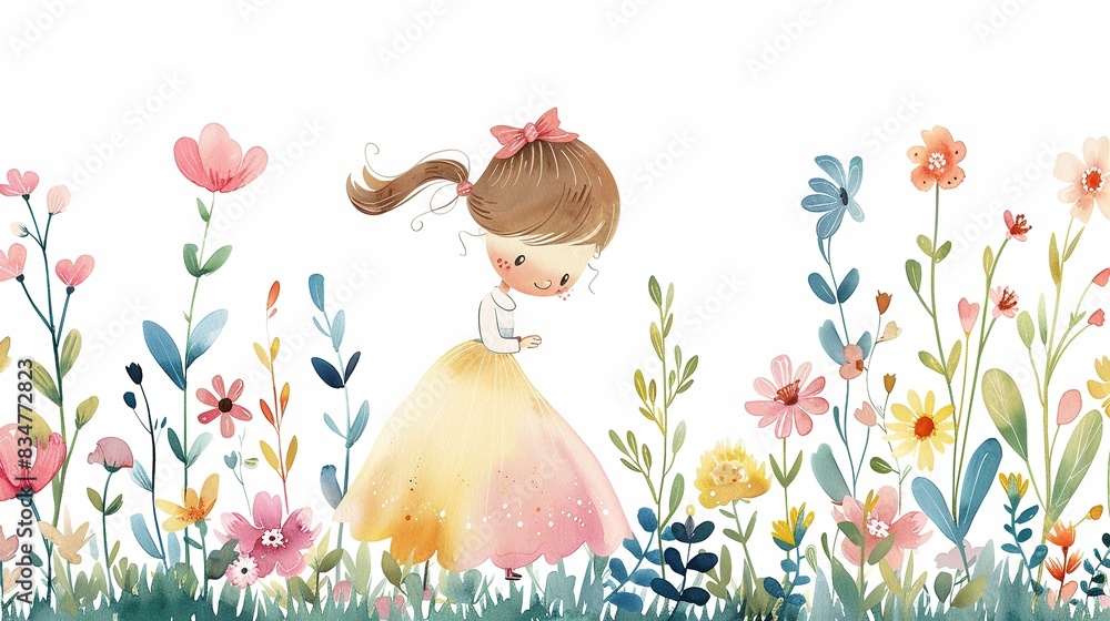 Princess in a garden with flowers, complete with a cute,The scene is set against a pure white background Princess in a garden with flowers, complete with a cute,The scene is set against a pure white background