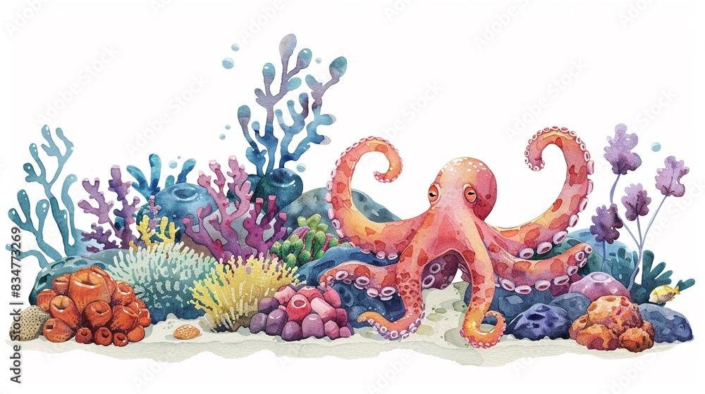 Octopus hiding in a coral reef, complete with a cute,The scene is set against a pure white background